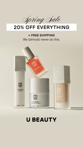 Image ad for U Beauty, advertising a spring sale with 20% off everything and free shipping.