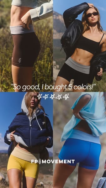 The ad features four different photos of people wearing the Free People Movement athletic shorts in different colors. Th