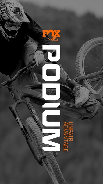 This ad showcases Fox's Podium line, featuring a cyclist performing tricks on a mountain bike.