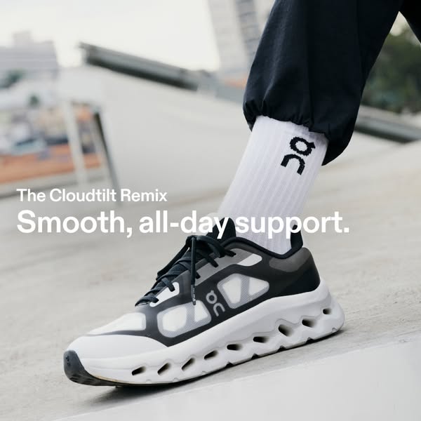 This ad showcases the Cloudtilt Remix running shoe by On, highlighting its smooth, all-day support. The image captures a