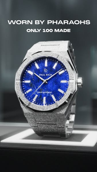 This ad showcases the Paul Rich Frosted Royal Blue watch, emphasizing its exclusivity and premium design. The imagery an