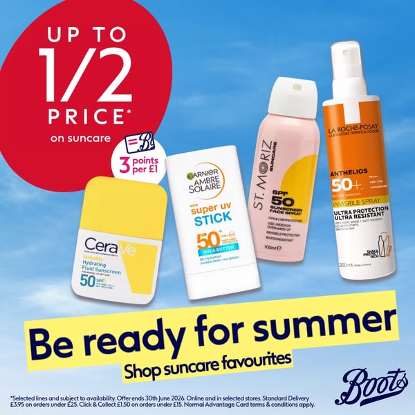 This image ad for Boots promotes a sale of up to 1/2 price on suncare products. The ad features several suncare products