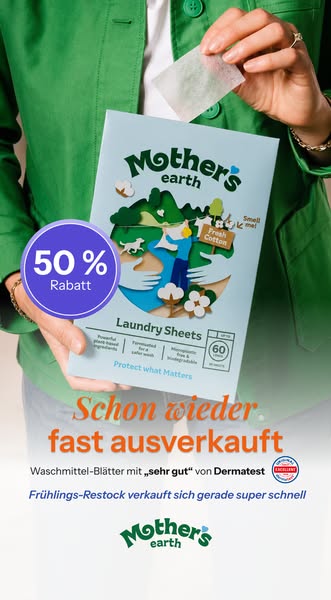 This ad for Mother's Earth laundry sheets features a woman holding a package of the laundry sheets and a single shee