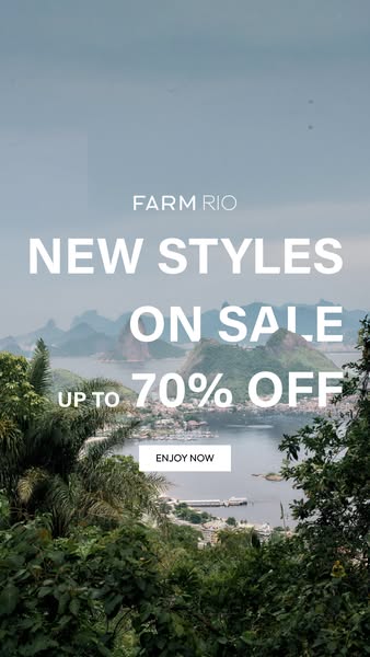 This ad by Farm Rio promotes a sale of up to 70% off new styles with a scenic background.