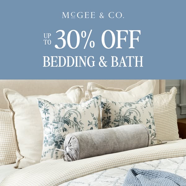 This ad promotes McGee & Co.'s bedding and bath products with a discount of up to 30% off.