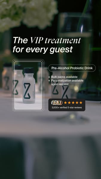 This ad promotes a pre-alcohol probiotic drink, framing it as a VIP treatment for guests. It highlights bulk pack availa