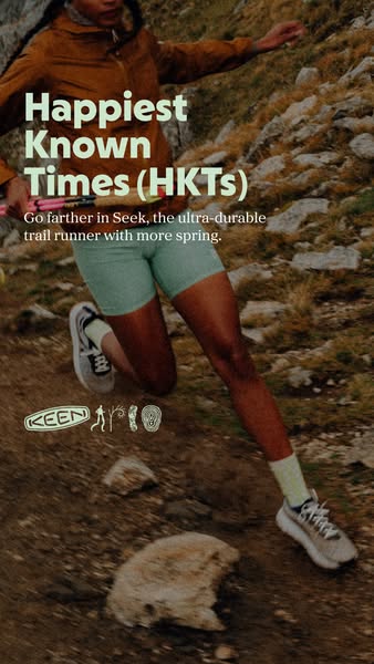 The ad showcases the Keen Seek trail running shoe, highlighting its ultra-durable construction and focus on comfort for 