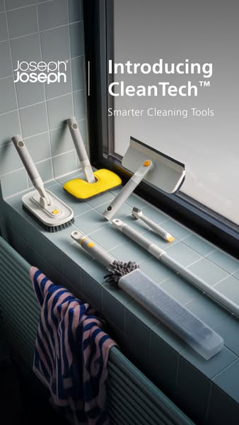 An image ad introducing Joseph Joseph's CleanTech line, a collection of cleaning tools with a focus on design and ut