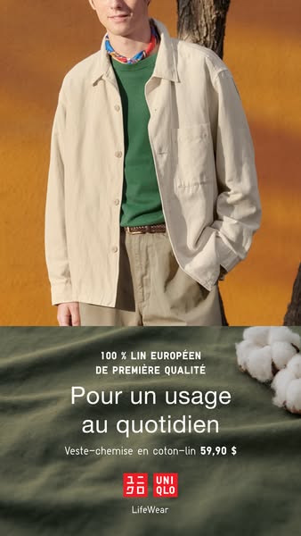This Uniqlo ad features a man wearing a cotton-linen shirt, emphasizing its European linen quality and suitability for e