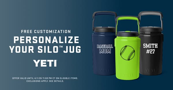 This image ad for YETI promotes the brand’s Silo Jug product with free customization and offer that is valid until April