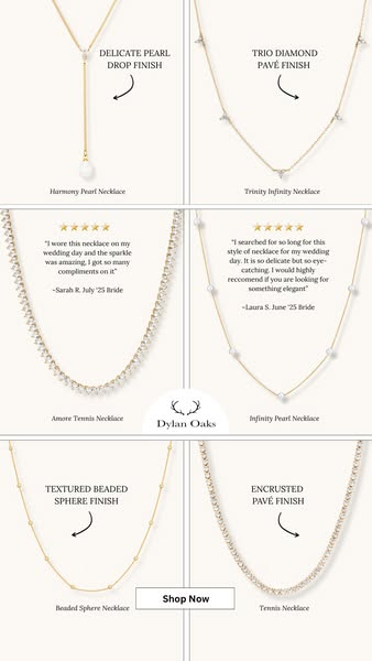 This ad showcases a variety of necklaces offered by Dylan Oaks, using a grid layout to display product features and cust