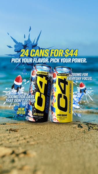 Image ad for C4 Energy drink showing two cans on a beach with text overlay indicating the price for 24 cans and the caff