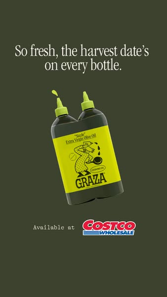 This ad promotes Graza olive oil, highlighting its freshness and availability at Costco. The visual features the unique 