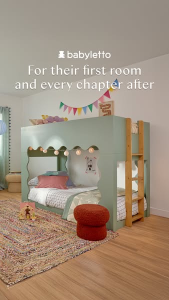 This ad showcases the Babyletto brand's bunk bed, emphasizing its suitability for a child's first room and beyon