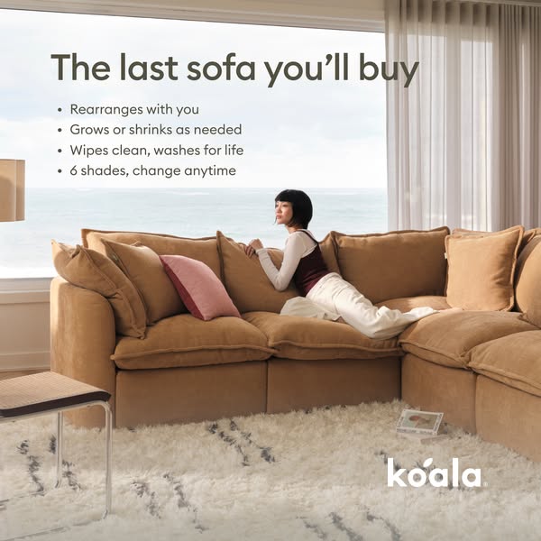 An ad for a modular sofa with product features listed, such as rearrangeable, grows or shrinks as needed, washable, and 