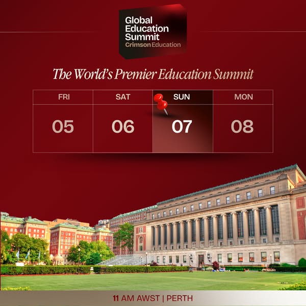 Image ad for the Global Education Summit featuring the summit dates from Friday, 05 to Monday, 08. The ad presents a foc