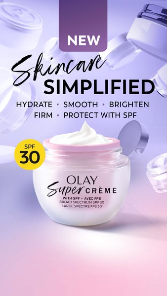 This ad promotes Olay's Super Crème, focusing on its skincare benefits like hydration, smoothing, brightening, firmi