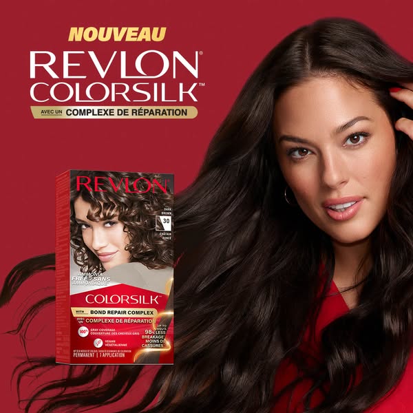 This image ad for Revlon ColorSilk hair color features model Ashley Graham and emphasizes the product's bond repair 