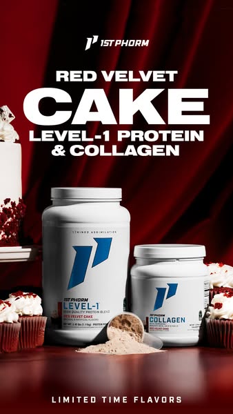 This ad features 1st Phorm's Level-1 protein and collagen supplements in a limited-time Red Velvet Cake flavor, pres