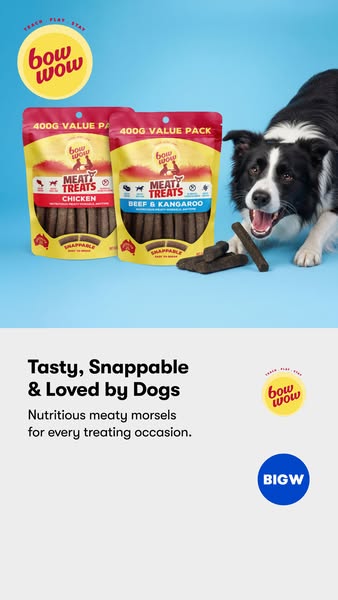 An image ad for Bow Wow Meaty Treats dog snacks. It features two different flavors of the snacks, 'Chicken' and 