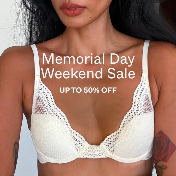 This ad promotes a Memorial Day Weekend sale of up to 50% off, focusing on a bra as the featured product.