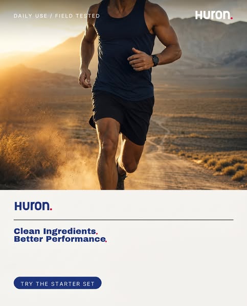 An image ad from Huron featuring an athletic man running, to showcase the brand's ability to keep up with an active 