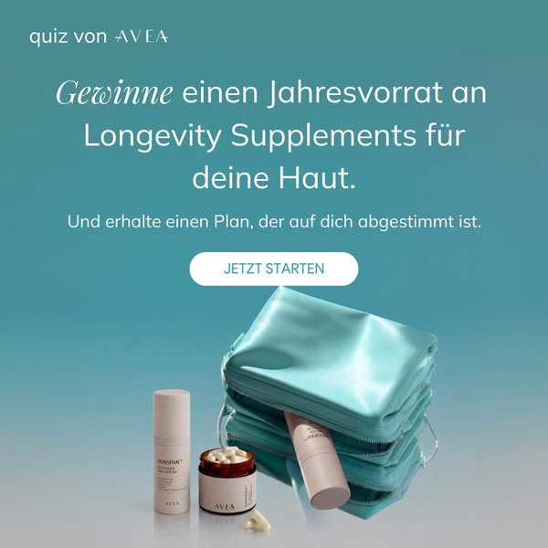 The ad promotes Avea products via a quiz that offers a year's supply of longevity supplements for the skin and a per