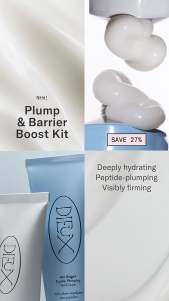 This image ad for Dieux promotes the Plump & Barrier Boost Kit by showing close ups of the cream and highlighting it
