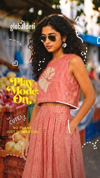 An ad for Global Desi shows a woman in a matching two-piece outfit with the text "Play Mode: On" and "No 