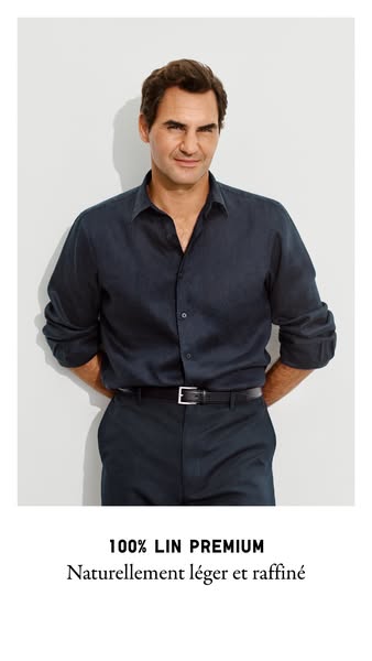 This ad features Roger Federer modeling a premium linen shirt. The ad emphasizes the natural lightness and refined style
