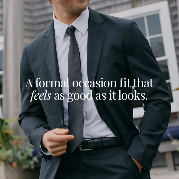 The ad features a man wearing a suit and tie. The ad aims to communicate that this formalwear looks good and feels good,