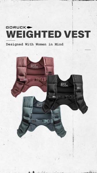 An ad featuring the GORUCK weighted vest, designed with women in mind. The ad showcases the product in three different c