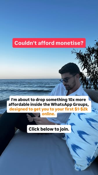 A man sits and types on his phone. The ad promotes a WhatsApp group designed to help people earn their first $1-2k onlin