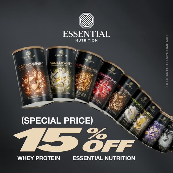 This image ad promotes Essential Nutrition whey protein, highlighting a 15% discount. It features several flavors of whe