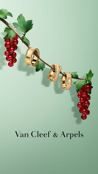 This image ad showcases Van Cleef & Arpels rings by displaying them in an elegant and natural setting on a branch.