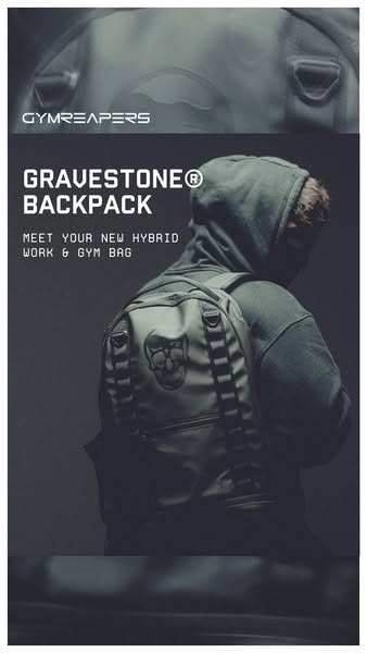 This ad showcases the Gymreapers Gravestone Backpack, which can be used for work or at the gym.