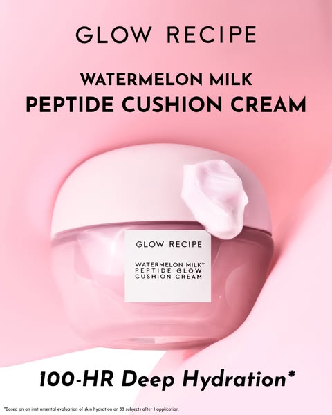 This ad promotes Glow Recipe's Watermelon Milk Peptide Cushion Cream. The ad features the product jar with a dollop 