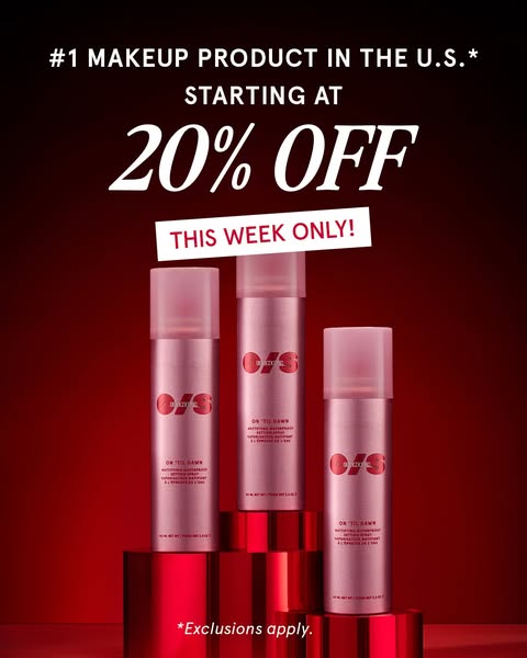 This ad promotes a makeup setting spray from the brand O/S Beauty, highlighting its waterproof and transfer-proof qualit