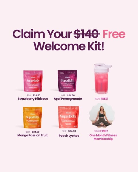 Ad for Bloom Nutrition's SuperBelly product line. It showcases a welcome kit containing four different SuperBelly dr