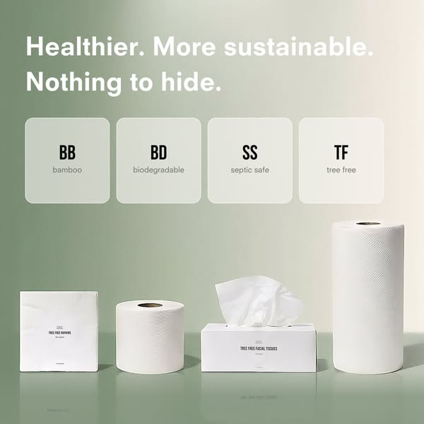 This ad showcases a range of tree-free paper products, highlighting that they are healthier and more sustainable than tr