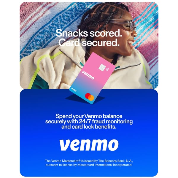 This image ad promotes Venmo. It features an image of a woman lying on a blanket with a Venmo card next to her. The text