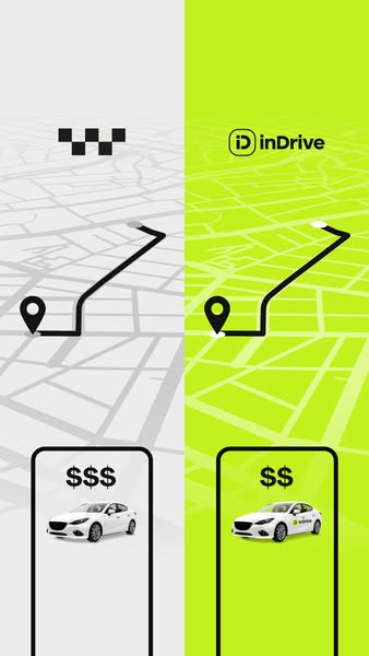 This is a split-screen ad comparing the pricing and ride experience between taxi services and inDrive. The left side rep