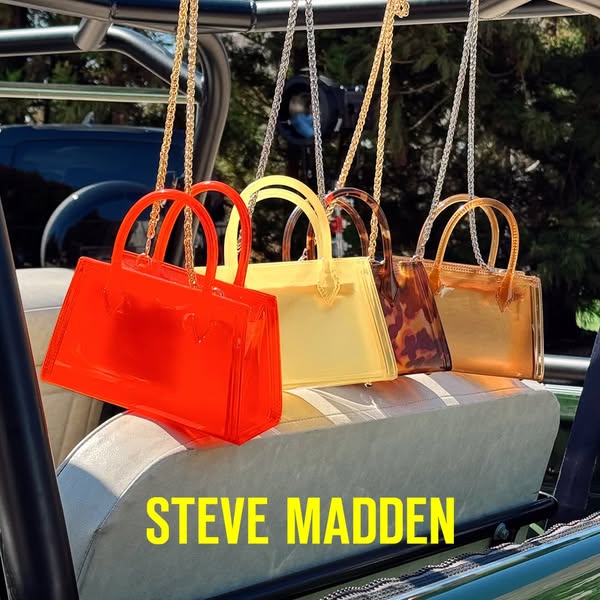 This image ad features four Steve Madden jelly purses hanging in a golf cart.