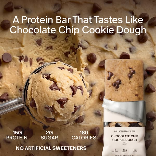 This ad showcases a collagen protein bar in chocolate chip cookie dough flavor. The ad highlights the bar's taste by
