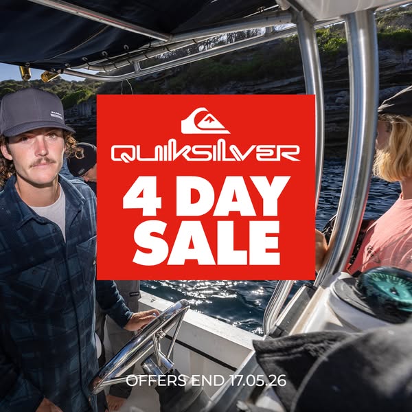This ad features a Quiksilver 4 day sale with a red background and a man on a boat steering the ship.
