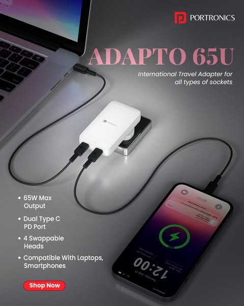 This image ad promotes Portronics' Adapto 65U International Travel Adapter, highlighting its compatibility with vari