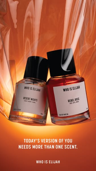 An ad for Who is Elijah perfume featuring their scents Desert Nights and Rebel Rose. The ad shows the two perfumes and a