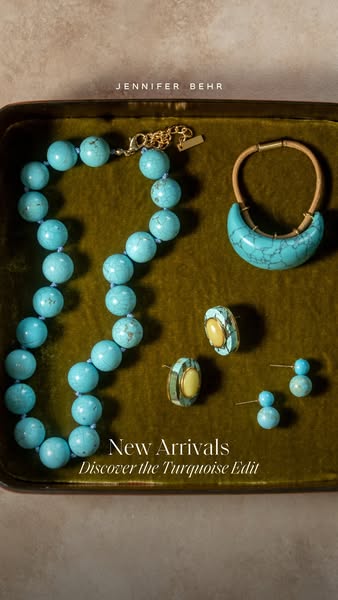 A curated selection of Jennifer Behr jewelry featuring turquoise stones is showcased in a close-up still image.