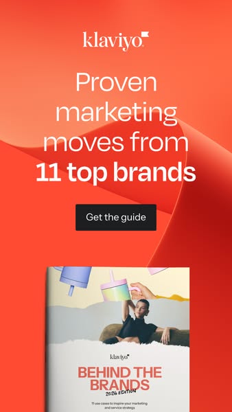 This image promotes a guide from Klaviyo featuring marketing tips from 11 top brands. The ad features an image of the eb