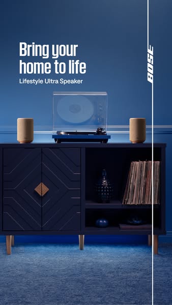 A lifestyle ad for Bose featuring their Ultra speaker system paired with a record player. The scene is set in a stylishl